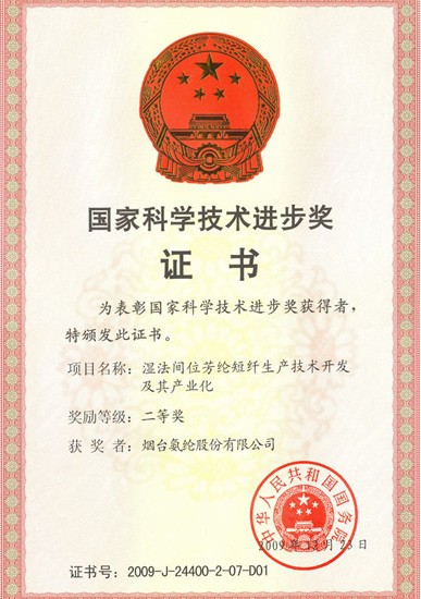 2009年，“湿法间位芳纶短纤出产技术开发及其产业化”项目获国度科技进取二等奖。