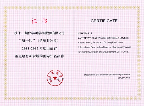 2012年，“纽士达”被山东省商务厅评为“2011-2013年度山东省沉点造就和发展的国际驰名品牌”。