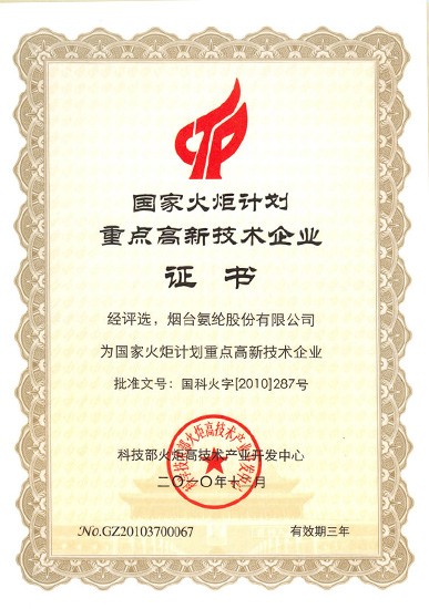 1998年，被国度科委认定为“国度火炬打算沉点高新技术企业”。