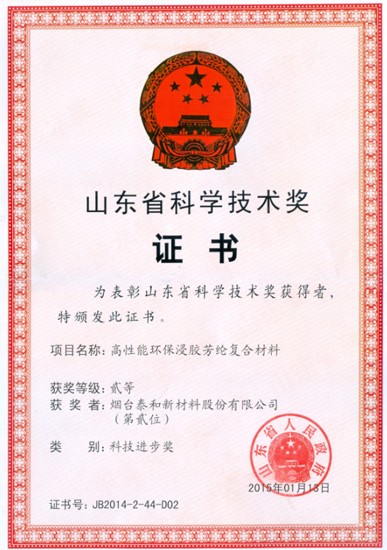 2015年，“高机能环保浸胶芳纶复合伙料”荣获山东省科技进取二等奖。